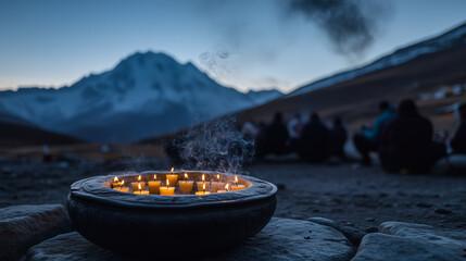 Saka Dawa, thousands of Buddhists gather at the foot of Mount Kailash, they bring incense and yak butter to offer, Ai generated images