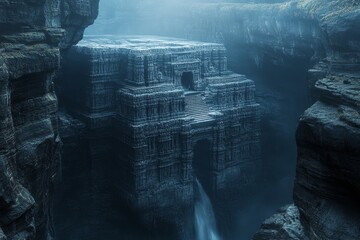 Ancient stone temple, waterfall, misty gorge, fantasy landscape, travel