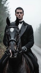 Victorian Gentleman Horseback Riding  Dark Forest  Equestrian  Monochrome