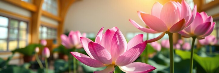 A stunning close-up of fully bloomed lotus flowers in a sunny and spacious room, elegant blooms,