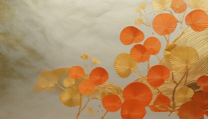 オレンジ色と金箔の和紙の和風背景素材。コピースペースあり。aiで生成