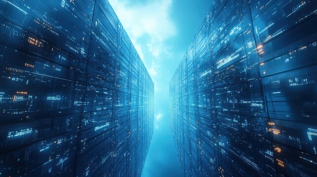 Futuristic data center with towering server racks and glowing digital interfaces under a blue sky