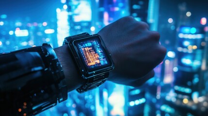 Futuristic smartwatch displayed on a robotic arm against a vibrant city skyline at night