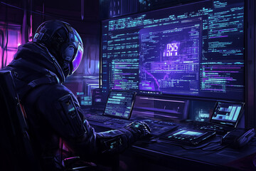 a hacker in a black hoodie with the hood pulled up, their face obscured by shadows. Fingers flying over the keyboard as they work on a series of encrypted files. in sever room cyber security 
