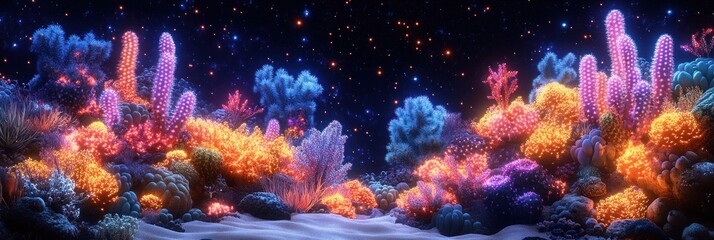 Vibrant coral reef scene at night with glowing colors and starry backdrop.
