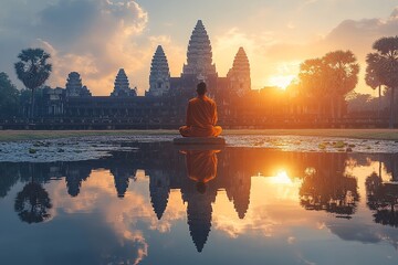 Monk meditates at sunrise, Angkor Wat reflection