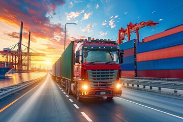 Fototapeta premium A red truck driving on a road near a port at sunset, with shipping containers and cranes in the background