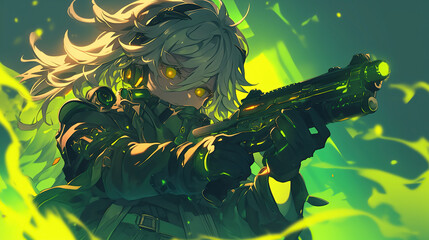 anime green character with silver hair holding the gun ready to fight