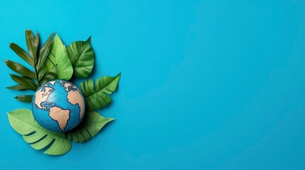 Earth Globe Surrounded by Lush Green Tropical Leaves on a Light Blue Background - Environmental