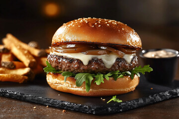 A luxurious truffle-infused burger with a wagyu beef patty, truffle aioli, melted brie cheese, caramelized onions, and arugula, served on a brioche bun.