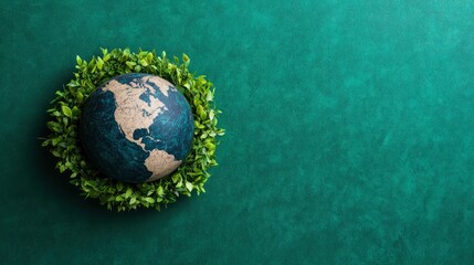 Fototapeta premium Earth Globe Surrounded by Green Leaves on Green Background Concept of Environmental Conservation