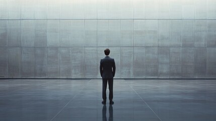 Fototapeta premium Businessman facing large concrete wall, contemplation, modern office, future plans
