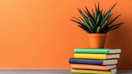 Stack of Colorful Books with Snake Plant on Orange Background