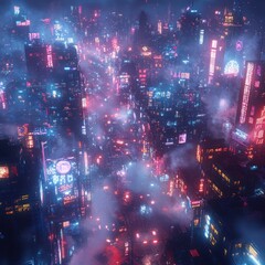 Obraz premium Futuristic city at night, aerial view, neon lights, fog, skyscrapers, cyberpunk.