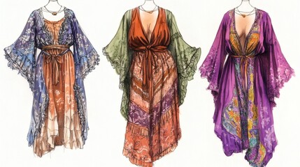 Boho Chic Watercolor Illustration of Three Flowing Maxi Dresses