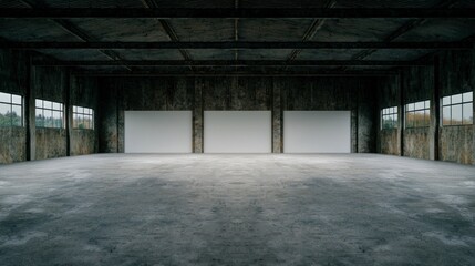 Empty Industrial Warehouse Space  Concrete Floor  Mockup Walls