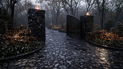 Rainy day entrance to park, stone path, gate open, misty background, autumn mood, landscape design