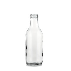 clear glass bottle isolated on white background.