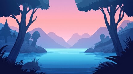 Serene Lake Sunset Landscape with Mountains and Trees