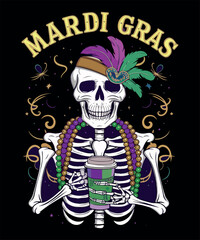 Mardi Gras Skeleton with Coffee Cup, T Shirt design