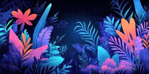 Neon Tropical Plants Illuminated Night Scene