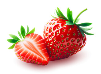 Realistic strawberries. Vector 3D illustration of two cut strawberry fruits isolated on a white background.