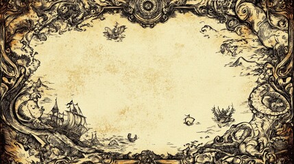 Antique Map Illustrating Ships and Mythical Creatures