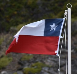 Chilian flag blowing in the breeze of the Andes mountains