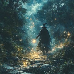 A wizard in a dark robe walks down a mystical forest path at night, holding a glowing orb, surrounded by fireflies.