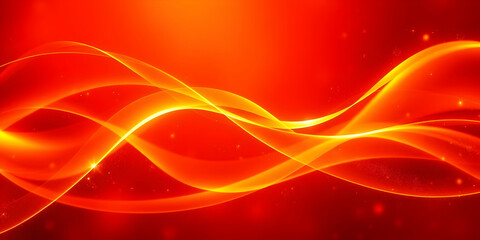 Abstract, flowing energy waves, vibrant red and orange background, dynamic curves, glowing golden lines, fiery atmosphere, smooth gradients, ethereal light trails, digital art, 3D render, high contras
