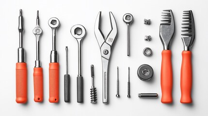 Assorted Hand Tools with Orange Handles on White Background
