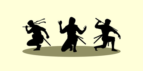 Graphic set of silhouette ninja illustration. Shadow of assasin character icon. Vector design.