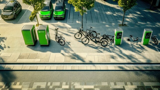 A sustainable urban mobility hub with electric vehicles and bike-sharing stations, Urban mobility scene, Green style