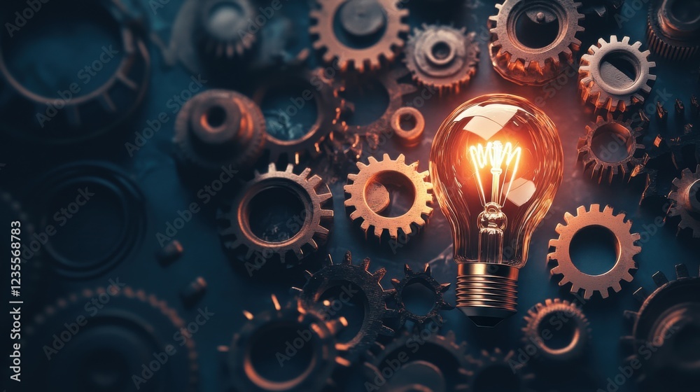 Wall mural a symbolic composition of a light bulb surrounded by gears and innovation symbols, innovation scene,