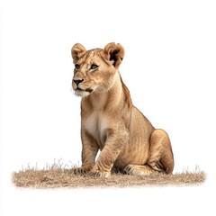Obraz premium Young Lioness Sitting Gracefully on Dry Grass