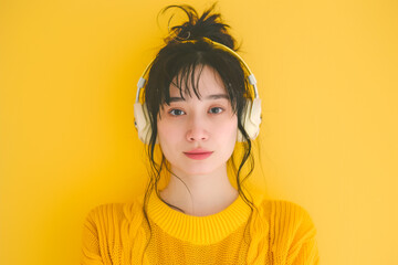  Joyful young woman enjoying music with headphones against a bright yellow background