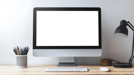 Fototapeta premium A computer monitor with a keyboard, lamp, pencil holder and mouse is installed on a wooden table. A mockup of a fashionable computer. Website advertising