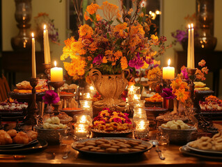 a family performing a puja (prayer) ceremony at home during Diwali, surrounded by beautifully arranged diyas, flowers, and offerings.