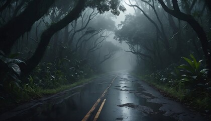 Morning in the forest , Haunted Lonely Road Through Jungle