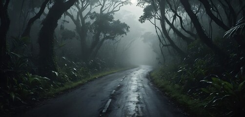 Fog in the forest, Deserted Pathway in Dark Forest