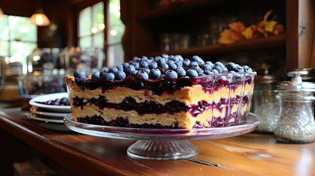 G&acirc;teau gourmand aux myrtilles fra&icirc;ches et &agrave; la cr&egrave;me, pos&eacute; sur un pr&eacute;sentoir en verre.