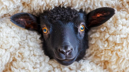 Naklejka premium Black Lamb Peeking Through White Wool