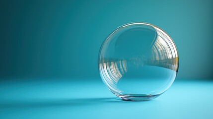 Glass sphere on blue backdrop, light reflection, minimalist design element
