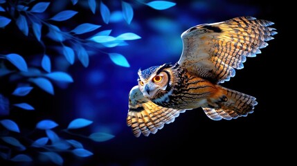 Fototapeta premium Brown and Gold Owl in Flight at Night Surrounded by Blue Leaves