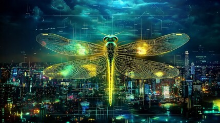 Cyberpunk Dragonfly Over Cityscape