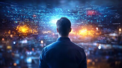 A person looks out over a futuristic city illuminated by colorful data streams. The glowing lights create a captivating atmosphere, suggesting technology and innovation.