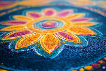 Obraz premium A traditional Holi decorations such as colorful banners, flower garlands, and bowls of colored powders arranged beautifully on a table.