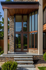 Modern Stone and Wood House Exterior with Large Windows and Steps.Luxury Home Design, Contemporary Architecture, Residential Property