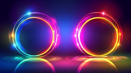 Two vibrant neon circles glow brightly with radiant light effects