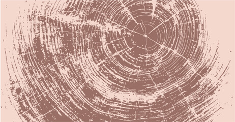 Pink brown tan stamp impression of end grain of wood slab. Tree rings ripples art with texture and cracked surface.